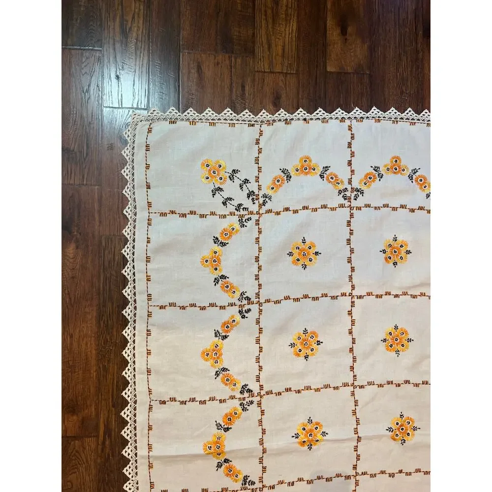 Vintage Embroidered Tablecloth Autumnal Orange Yellow Floral Crochet Lace Border